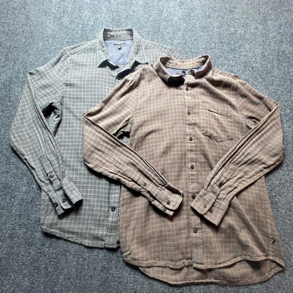 Toad&Co Mens Mixo LS Shirt Bundle Organic Cotton Plaid Button Down Grey Brown S